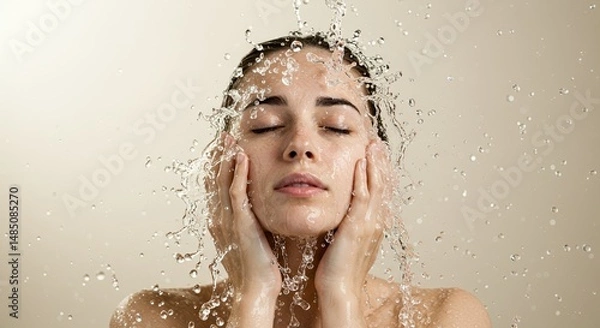 Fototapeta Woman with Eyes Closed Cupping Her Face as Water Splashes Around Her Head in a Studio Shot with Soft Neutral Background Perfect for Skincare and Beauty Concepts