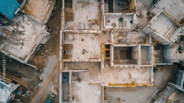 Fototapeta Advanced drone capturing aerial images of a large-scale construction project for progress tracking