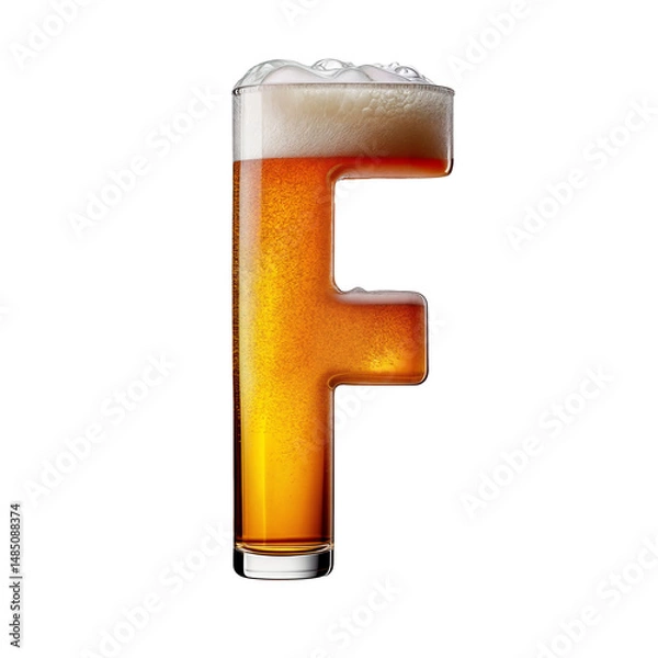 Fototapeta Letter F shaped like a glass of refreshing lager beer with foam, isolated on transparent background. Fresh pilsner beer in a glass with frothy head.