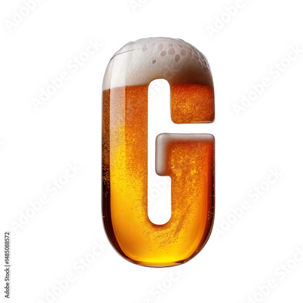 Fototapeta Letter G shaped like a glass of refreshing lager beer with foam, isolated on transparent background. Fresh pilsner beer in a glass with frothy head.