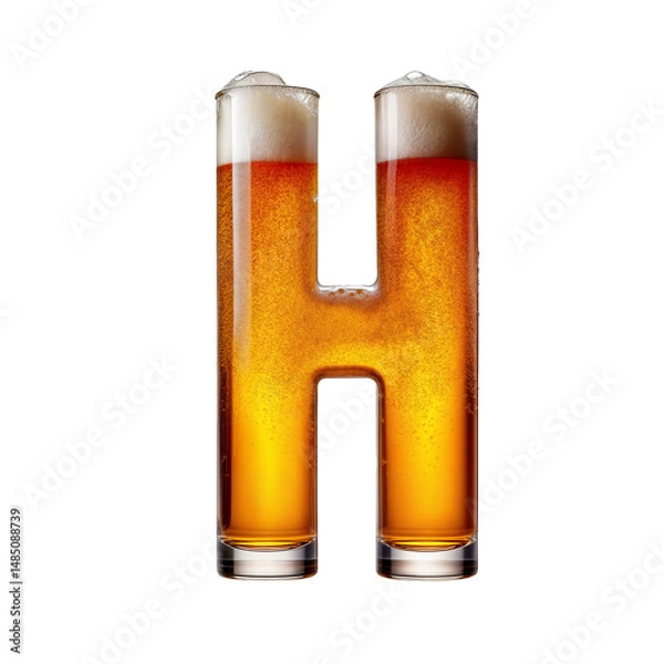 Fototapeta Letter H shaped like a glass of refreshing lager beer with foam, isolated on transparent background. Fresh pilsner beer in a glass with frothy head.