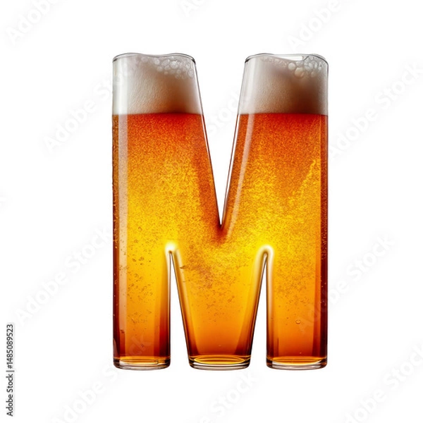 Fototapeta Letter M shaped like a glass of refreshing lager beer with foam, isolated on transparent background. Fresh pilsner beer in a glass with frothy head.