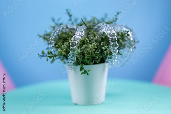 Obraz Removable transparent aligners for dental correction hang on the plant. Invisalign braces, dental care and orthodontics