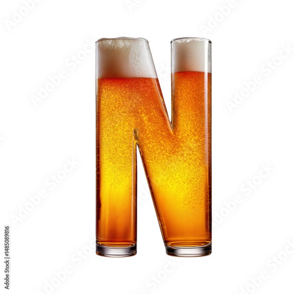 Fototapeta Letter N shaped like a glass of refreshing lager beer with foam, isolated on transparent background. Fresh pilsner beer in a glass with frothy head.