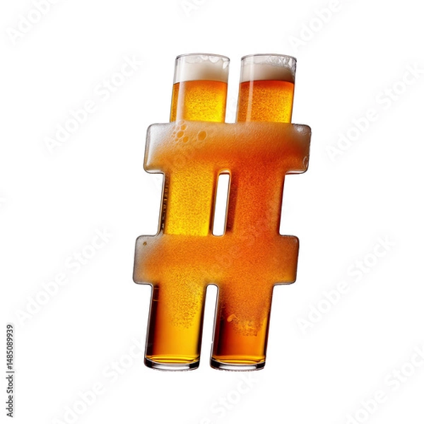 Fototapeta Hashtag sign # shaped like a glass of refreshing lager beer with foam, isolated on transparent background. Fresh pilsner beer in a glass with frothy head.