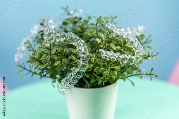 Obraz Removable transparent aligners for dental correction hang on the plant. Invisalign braces, dental care and orthodontics