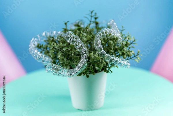 Obraz Removable transparent aligners for dental correction hang on the plant. Invisalign braces, dental care and orthodontics