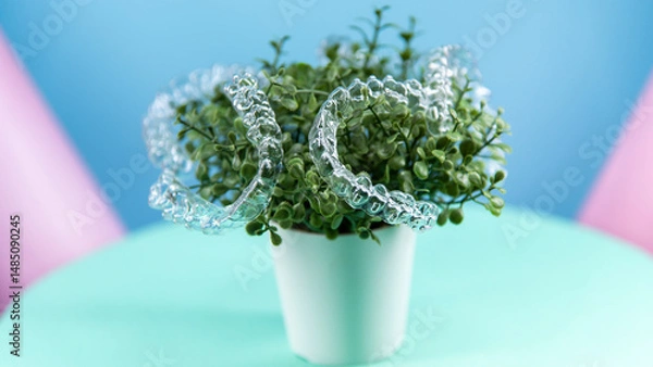 Obraz Removable transparent aligners for dental correction hang on the plant. Invisalign braces, dental care and orthodontics