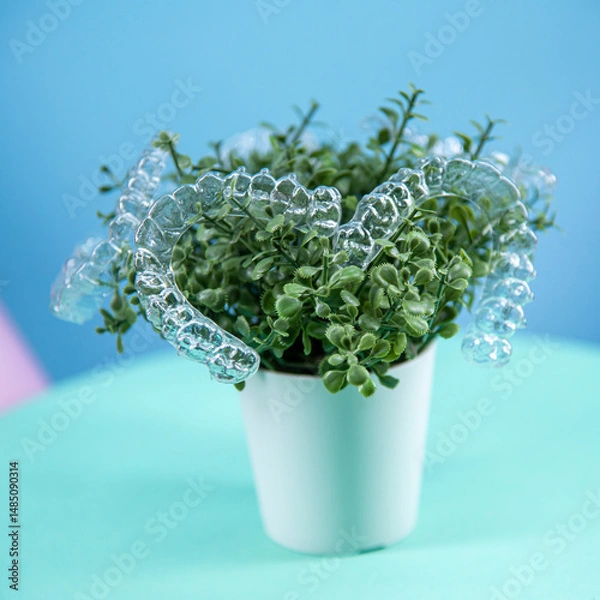 Obraz Removable transparent aligners for dental correction hang on the plant. Invisalign braces, dental care and orthodontics