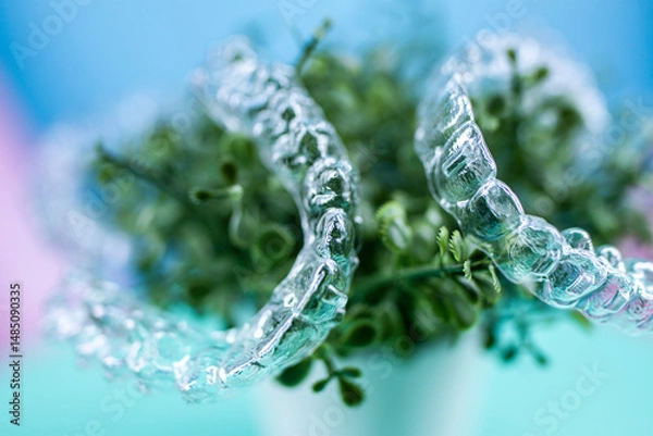 Obraz Removable transparent aligners for dental correction hang on the plant. Invisalign braces, dental care and orthodontics