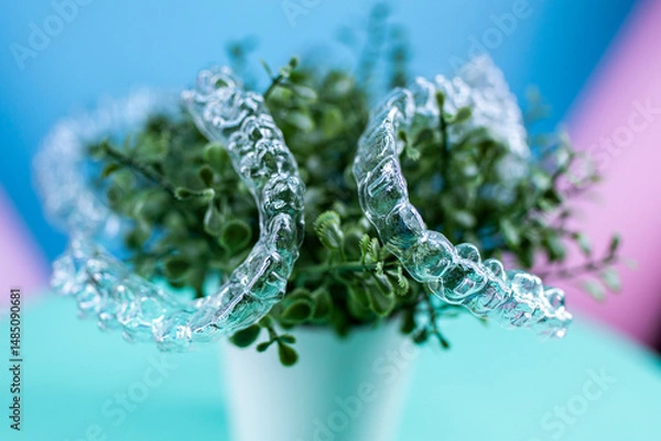 Obraz Removable transparent aligners for dental correction hang on the plant. Invisalign braces, dental care and orthodontics