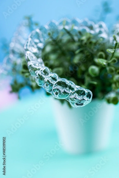 Obraz Removable transparent aligners for dental correction hang on the plant. Invisalign braces, dental care and orthodontics