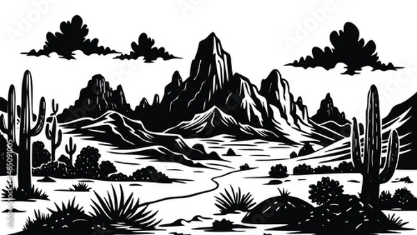 Obraz Desert landscape silhouette, minimalist sunset scene with mountains and cactus, vector illustration for nature background or western theme design