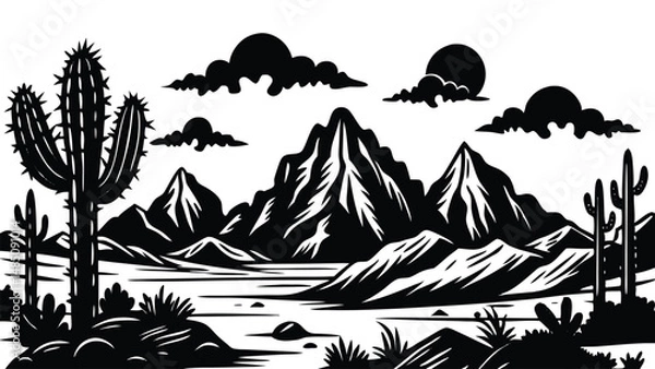 Fototapeta Desert landscape silhouette, minimalist sunset scene with mountains and cactus, vector illustration for nature background or western theme design