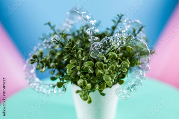 Obraz Removable transparent aligners for dental correction hang on the plant. Invisalign braces, dental care and orthodontics
