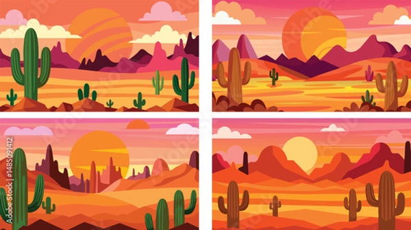 Fototapeta Desert landscape with sunset and cactus, panoramic mountain view in flat cartoon style, vector illustration for background or wall art