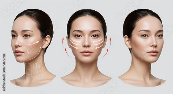 Fototapeta Three Facial Views with Skincare Arrows on Light Gray Background for Cosmetic Treatment Visuals and Beauty Enhancement Demonstration
