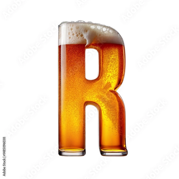 Fototapeta Letter R shaped like a glass of refreshing lager beer with foam, isolated on transparent background. Fresh pilsner beer in a glass with frothy head.