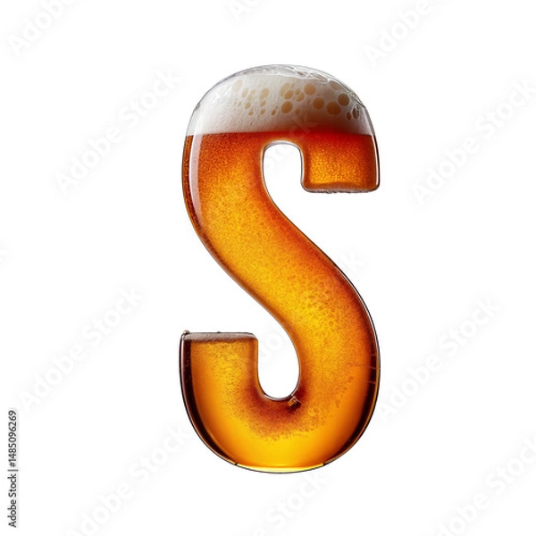 Fototapeta Letter S shaped like a glass of refreshing lager beer with foam, isolated on transparent background. Fresh pilsner beer in a glass with frothy head.