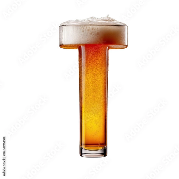 Fototapeta Letter T shaped like a glass of refreshing lager beer with foam, isolated on transparent background. Fresh pilsner beer in a glass with frothy head.