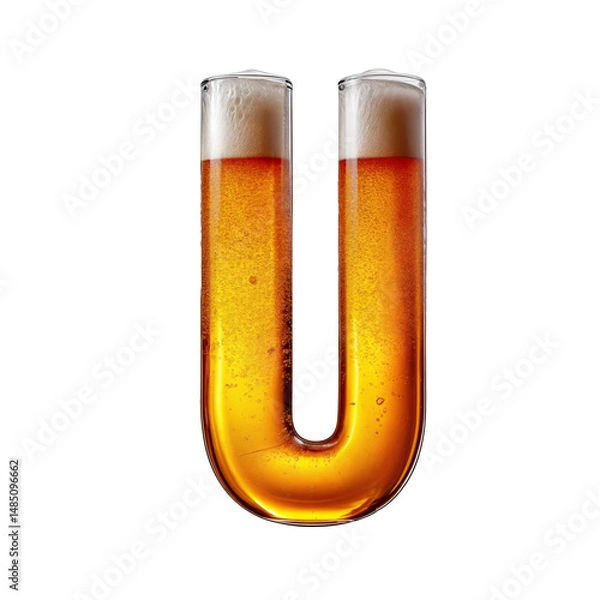 Fototapeta Letter U shaped like a glass of refreshing lager beer with foam, isolated on transparent background. Fresh pilsner beer in a glass with frothy head.