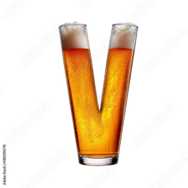 Fototapeta Letter V shaped like a glass of refreshing lager beer with foam, isolated on transparent background. Fresh pilsner beer in a glass with frothy head.