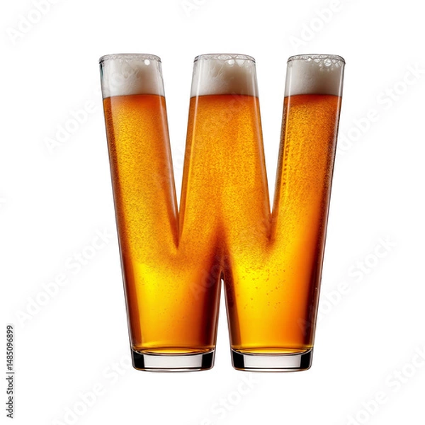 Fototapeta Letter W shaped like a glass of refreshing lager beer with foam, isolated on transparent background. Fresh pilsner beer in a glass with frothy head.