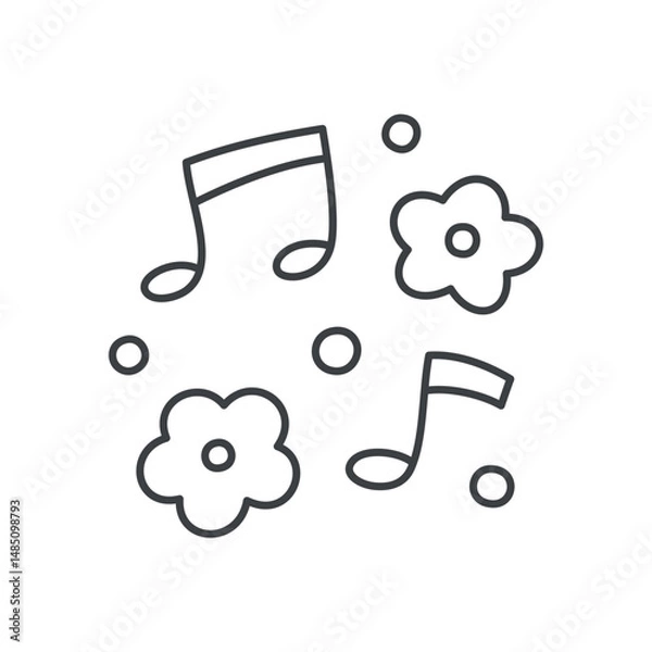 Fototapeta Cute floral illustration. Gentle design featuring flowers and musical notes. Hand drawn monochrome illustration isolated on a white background. Kawaii sticker. Vector 10 EPS.