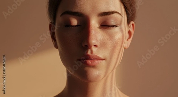 Fototapeta Serene Face with Freckles in Warm Sunlight Against Peach Backdrop Eyes Closed Showing Skin Texture for Beauty and Wellness Themes