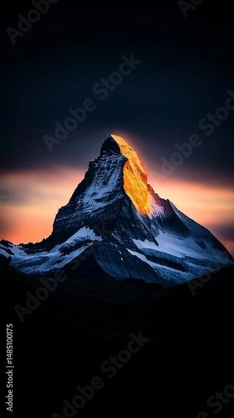 Obraz Dark Mountain Peak at Sunset with Golden Sky