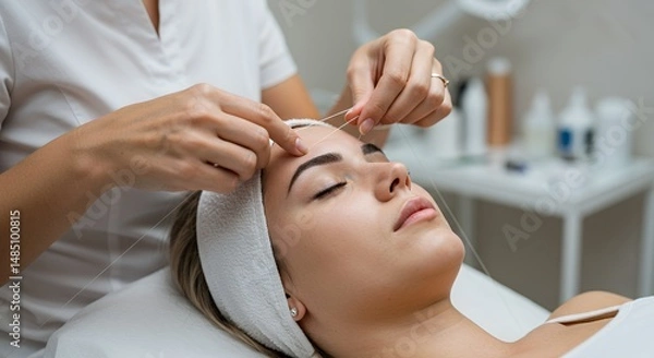 Fototapeta Woman Receives Eyebrow Threading Treatment From Technician in Spa Setting Close Up