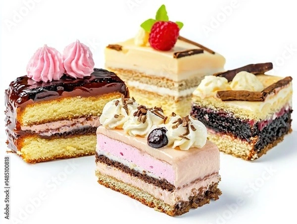 Fototapeta A variety of delicious cakes and pastries arranged on a white background, showcasing their unique textures and colors.  