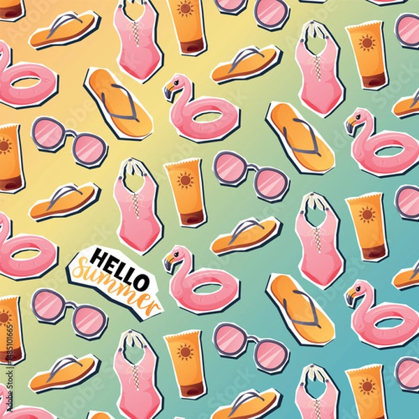 Fototapeta Playful vector pattern with swimsuits, flamingos, sunglasses, flip flops and sunscreen. Ideal for textile, packaging, digital design and summer advertising.
