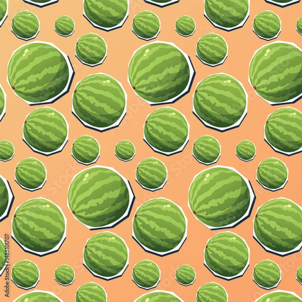 Fototapeta Juicy green watermelon vector pattern on warm orange gradient. Great for wrapping paper, product packaging, summer branding, or food-themed backgrounds.