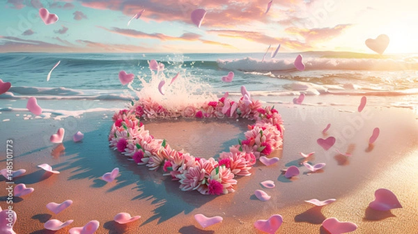 Obraz Heart-shaped flower pattern arranged on sandy beach symbolizing love and nature
