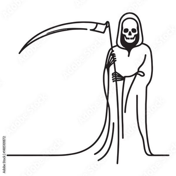 Fototapeta Simple Vector one line drawing of a skeleton in a robe holding a scythe, the grim reaper 