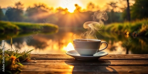 Fototapeta A warm cup of coffee with a gentle stream of smoke rising from its surface