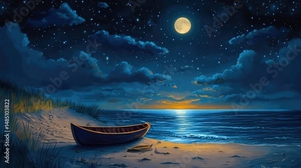 Fototapeta Scenic night beach landscape with boat and glowing moon over serene ocean waters