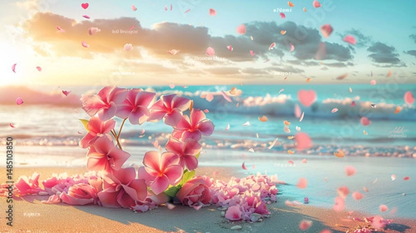 Obraz Romantic heart made of red flowers on sandy beach background ideal for love or Valentine