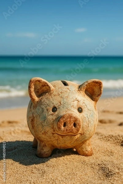Fototapeta Rustic piggy bank sits serenely on a sandy beach with turquoise ocean waves and clear sky backdrop.