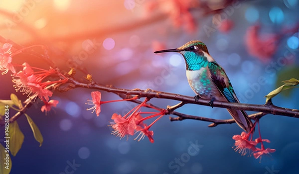 Obraz Colorful hummingbird resting on tree branch in peaceful woodland with soft sunlight