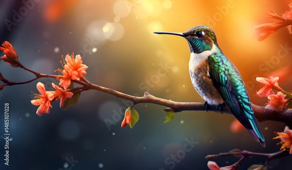 Obraz Hummingbird resting on branch with vibrant green foliage in background in serene setting