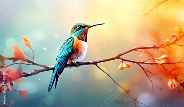 Obraz Hummingbird in natural environment perched on tree branch with vibrant background