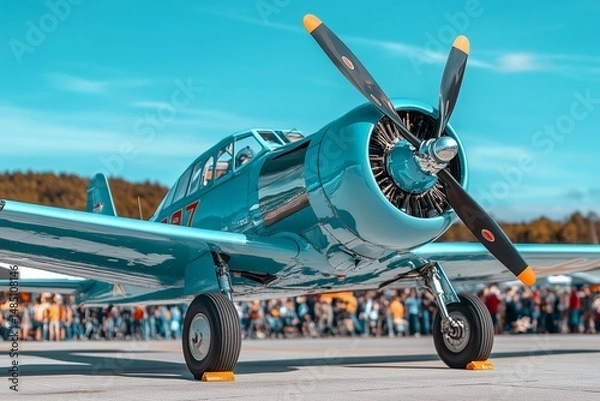 Obraz Vintage turquoise propeller airplane at outdoor aviation event with crowd