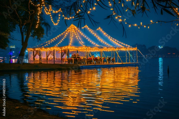 Obraz Cozy illuminated tent by tranquil lake shore under night sky ideal for camping scene