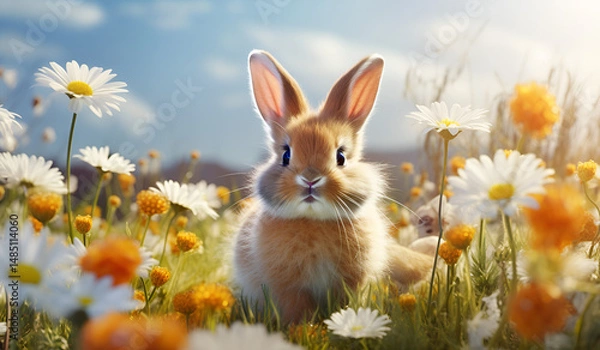 Obraz Adorable small rabbit on colorful spring meadow with blooming flowers under bright daylight perfect for Easter or springtime themes