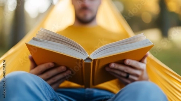 Fototapeta Relaxing in a hammock while reading a book during a sunny afternoon in a tranquil forest setting