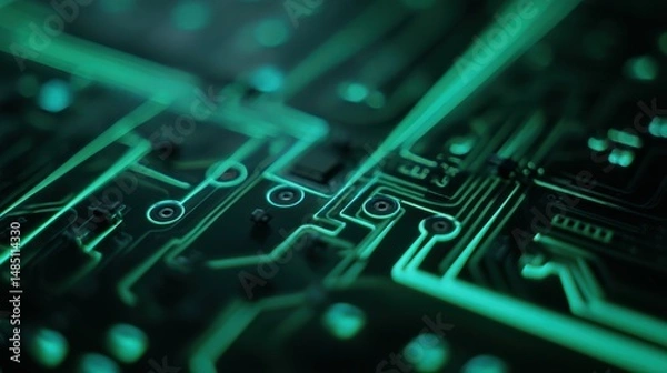 Fototapeta Futuristic circuit board pulsating with green energy, a close up view of advanced technology