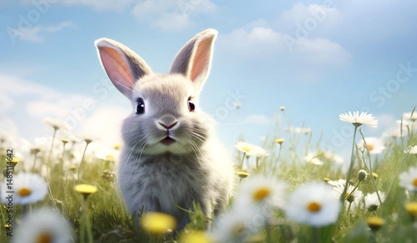Obraz Adorable small rabbit on colorful spring meadow with blooming flowers under bright daylight perfect for Easter or springtime themes