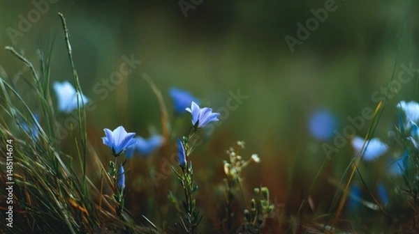 Obraz Delicate bluebells emerging from lush green meadow in spring
